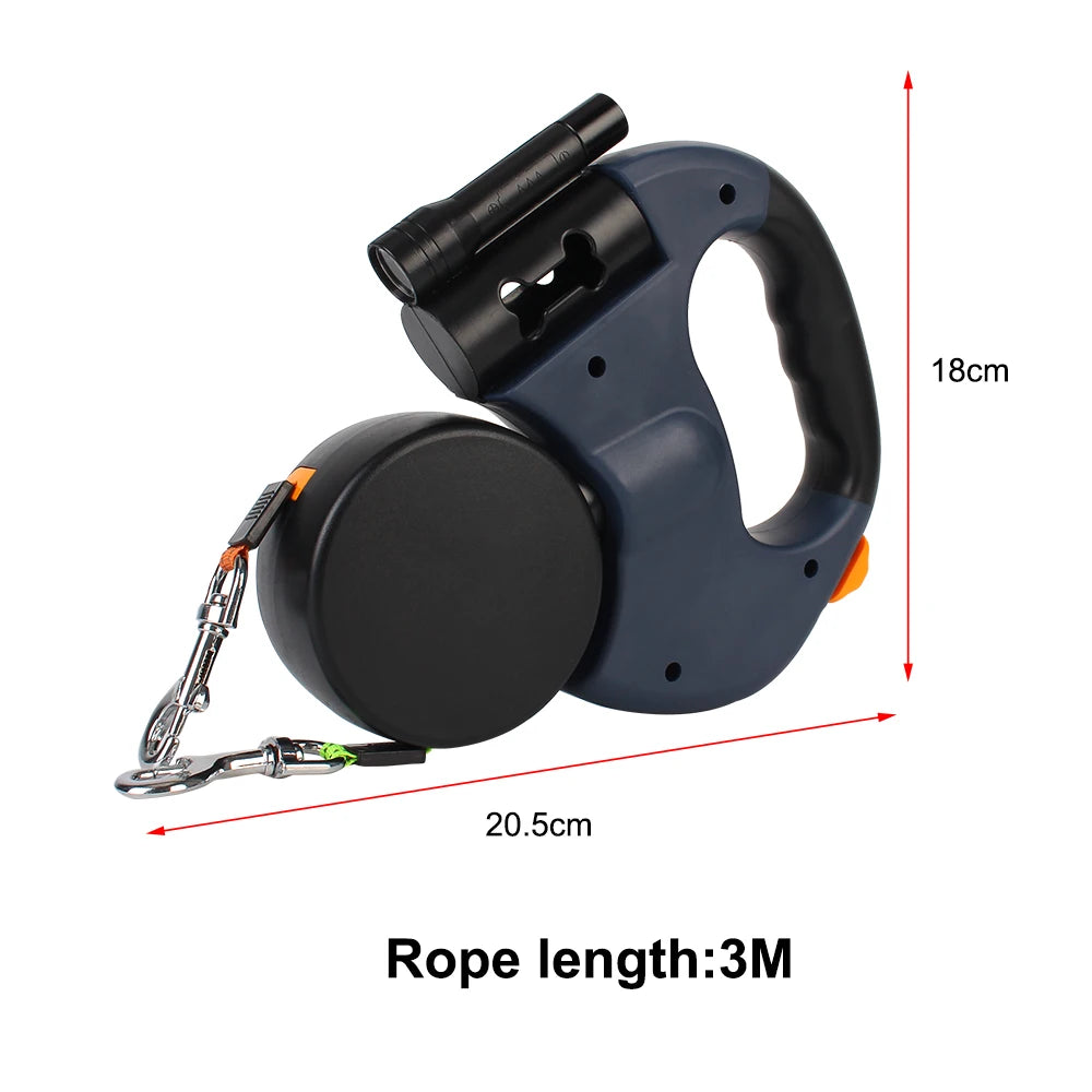 "3M Retractable Dual Dog Leash – No-Tangle, Heavy-Duty with LED Light & Waste Bag Holder"