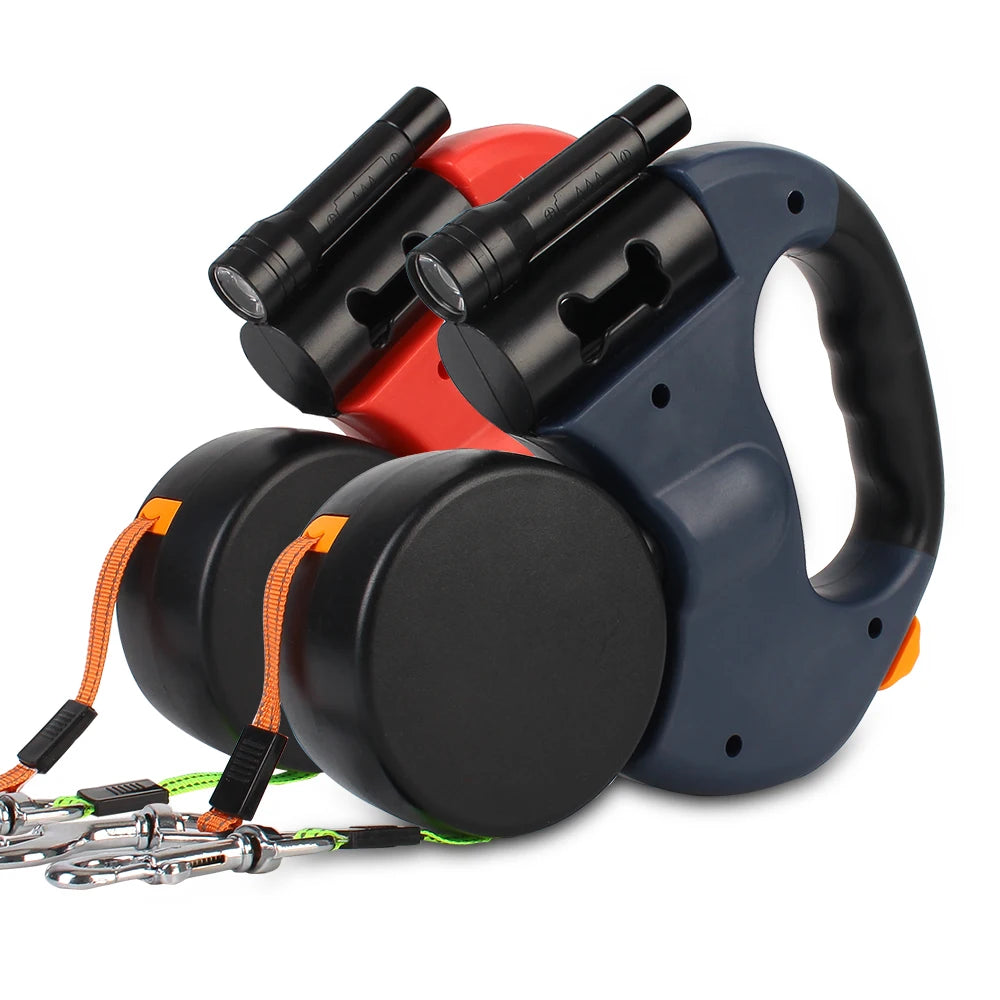 "3M Retractable Dual Dog Leash – No-Tangle, Heavy-Duty with LED Light & Waste Bag Holder"