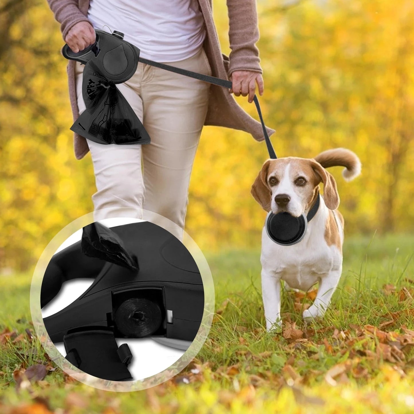 Multifunction Dog Leash with Water Bottle, Bowl & Waste Bag Dispenser