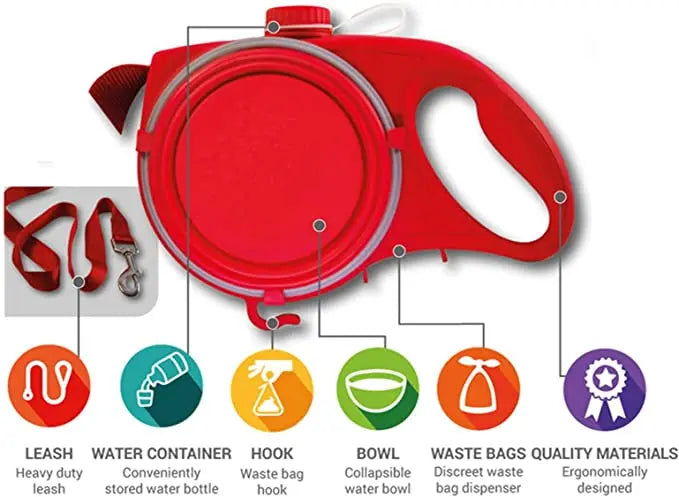 Multifunction Dog Leash with Water Bottle, Bowl & Waste Bag Dispenser