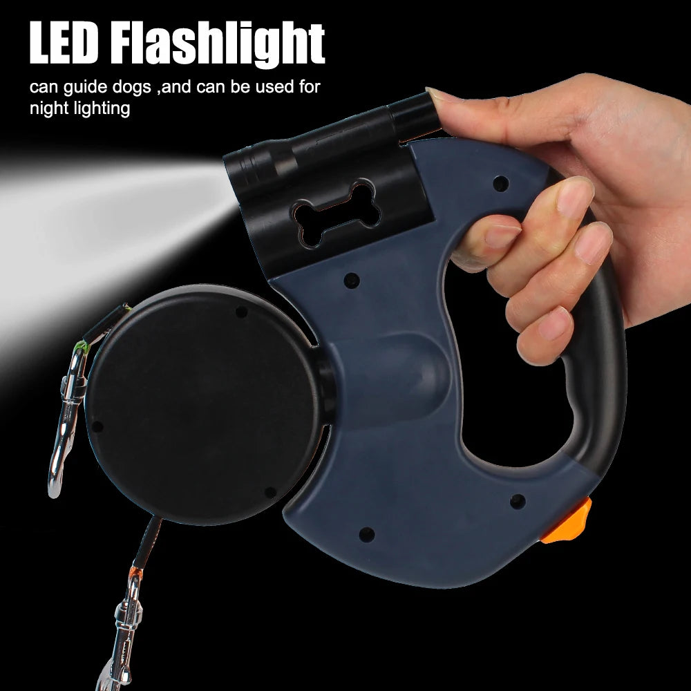 "3M Retractable Dual Dog Leash – No-Tangle, Heavy-Duty with LED Light & Waste Bag Holder"