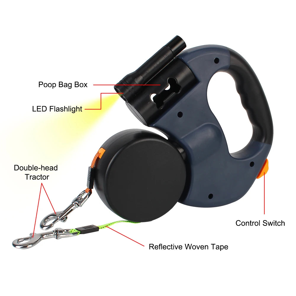 "3M Retractable Dual Dog Leash – No-Tangle, Heavy-Duty with LED Light & Waste Bag Holder"